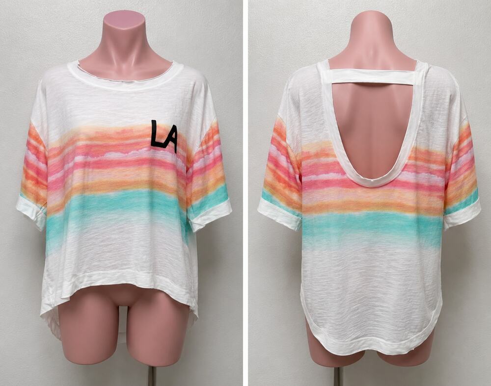 Daily Practice Ivory Peach Teal Striped LA logo High Low Tee XXS